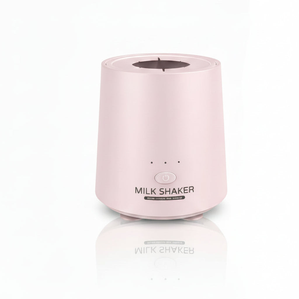 Nežno roze automatski električni šejker za bebi flašice sa natpisom Milk Shaker, svetlećim tasterom za paljenje i gornjim silikonskim ležištem