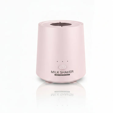 Nežno roze automatski električni šejker za bebi flašice sa natpisom Milk Shaker, svetlećim tasterom za paljenje i gornjim silikonskim ležištem