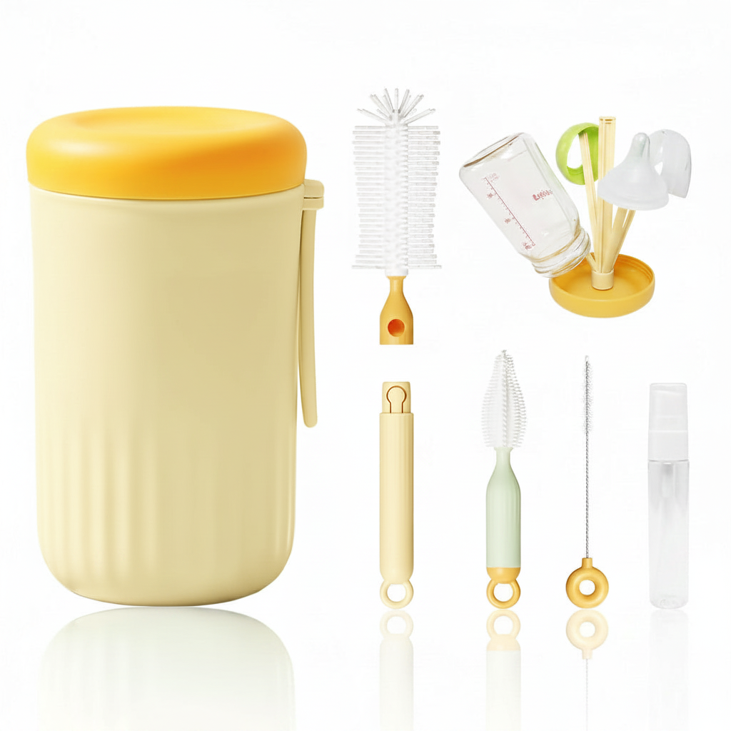 Žuto-beli set četkica za čišćenje cucli i flašica za bebe sa kompaktnom zaštitnom plastičnom posudom za nošenje u torbi na beloj pozadini.