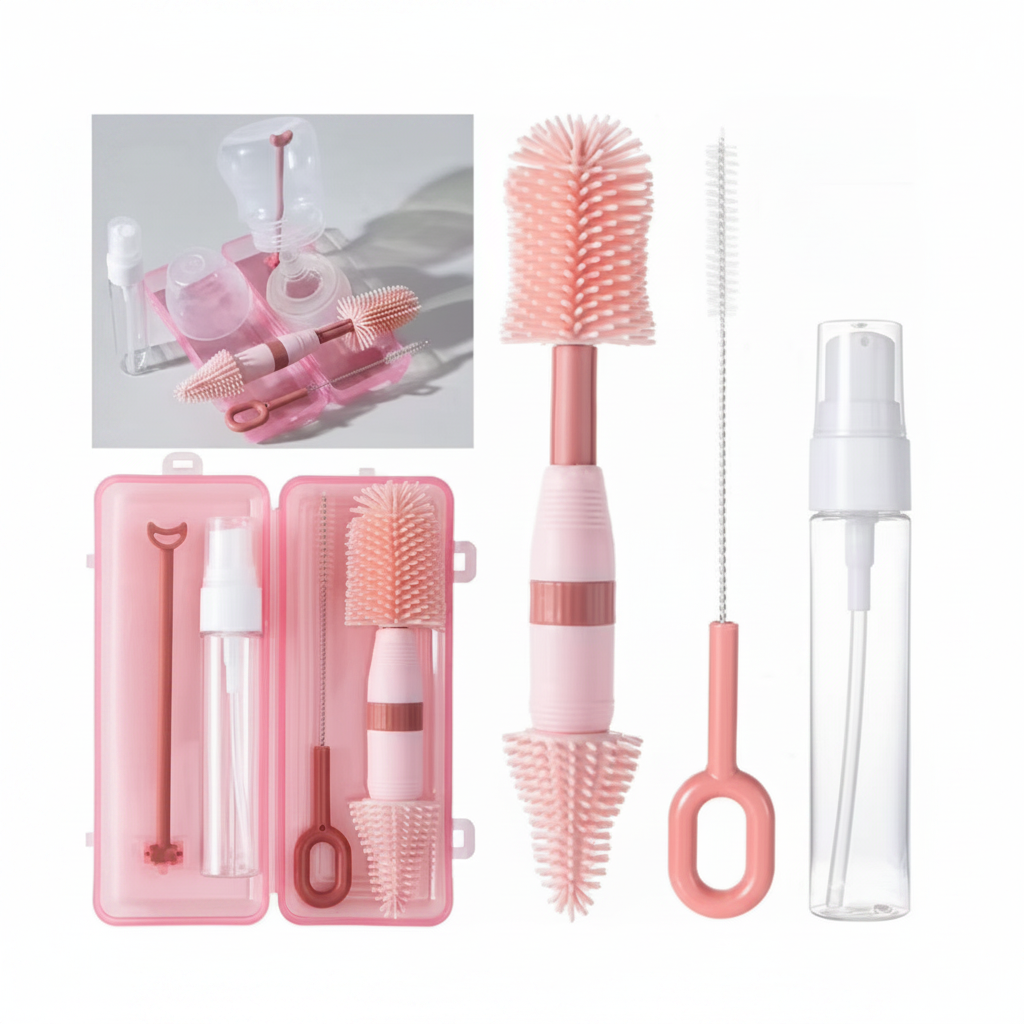 Kompaktni putni set za higijenu flašica sa roze silikonskim četkicama uredno spakovanim u zatvorenu roze plastičnu kutiju.