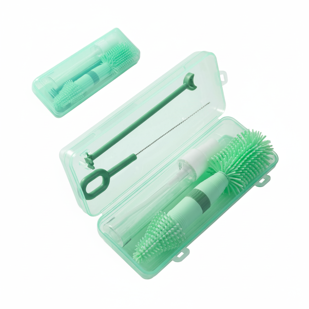 Zelena prozirna plastična kutija sa prenosivim silikonskim setom za pranje flašica i cucli u svetlozelenoj boji.