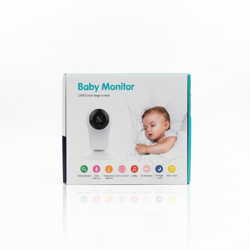 Originalno belo pakovanje Baby Monitor uređaja sa slikom bebe koja spava, prikazom kamere i ikonama za detekciju temperature i plača.