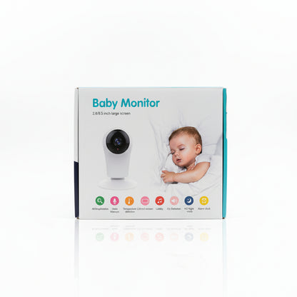 Originalno belo pakovanje Baby Monitor uređaja sa slikom bebe koja spava, prikazom kamere i ikonama za detekciju temperature i plača.