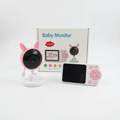 Roze pametna kamera u obliku zeke i pripadajući bežični monitor sa ekranom od 2.8 inča ispred originalne bele kutije Baby Monitor.