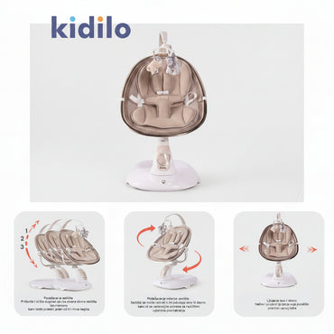 Bež električna njihalica za bebe Kidilo sa prikazom rotacije sedišta i tri nivoa nagiba