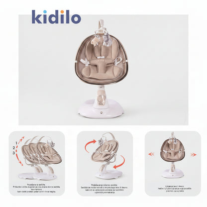Bež električna njihalica za bebe Kidilo sa prikazom rotacije sedišta i tri nivoa nagiba