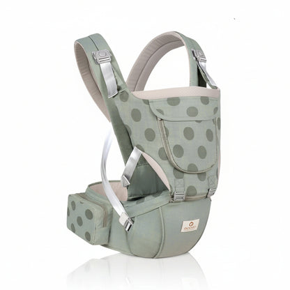 Ergonomska kengur nosiljka Aiebao model A6601 sa ugrađenim hipseat sedištem, širokim naramenicama i praktičnim džepovima u zelenoj boji.
