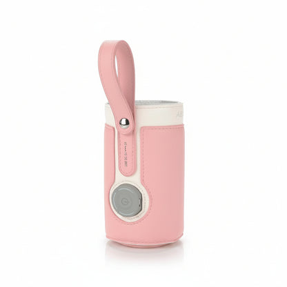 Nežno roze prenosivi grejač za flašice od PU kože sa čičak trakom za prilagođavanje obima i dugmetom za napajanje USB DC 5V.