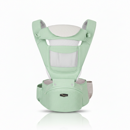 Svetlozelena ergonomska nosiljka za bebe sa funkcionalnim sedalnim delom, pojasom oko struka i mrežastim mrežama protiv pregrevanja.