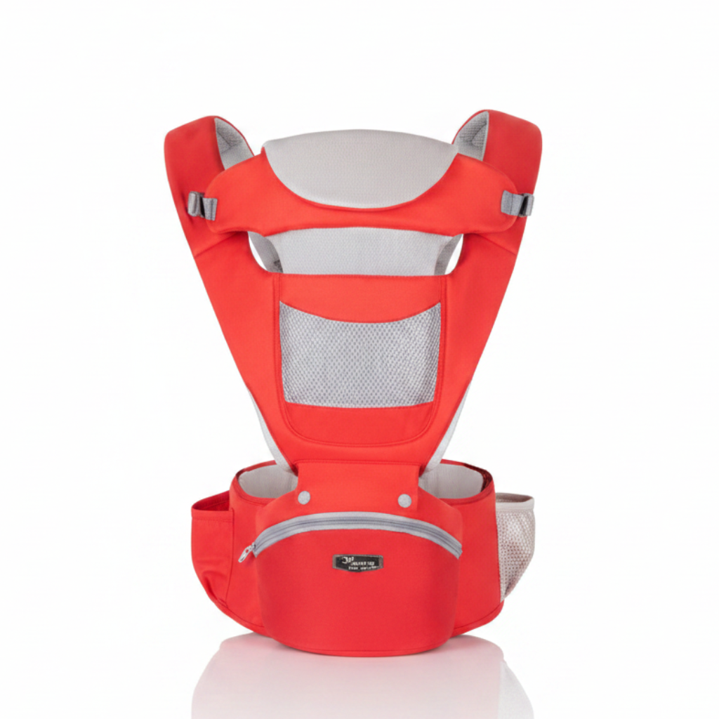 Crvena ergonomska kengur nosiljka za bebe sa ugrađenim sedištem, sivom mrežicom za ventilaciju na leđima i bočnim džepovima.