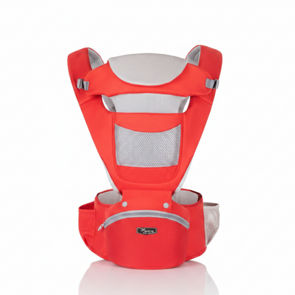 Crvena ergonomska kengur nosiljka za bebe sa ugrađenim sedištem, sivom mrežicom za ventilaciju na leđima i bočnim džepovima.