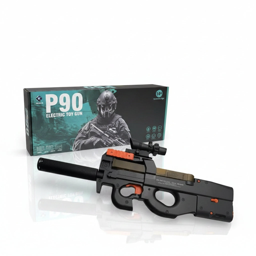 Crna dečija električna puška P90 sa prigušivačem, nišanom i originalnom crnom kutijom na kojoj je vojnik sa opremom.