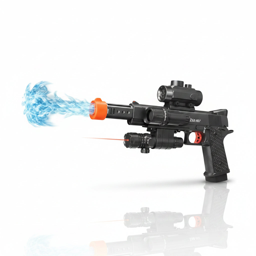 Crni dečiji gel blaster pištolj sa montiranim optičkim nišanom, lampom i crvenim laserom koji ispaljuje vodene gel kuglice.