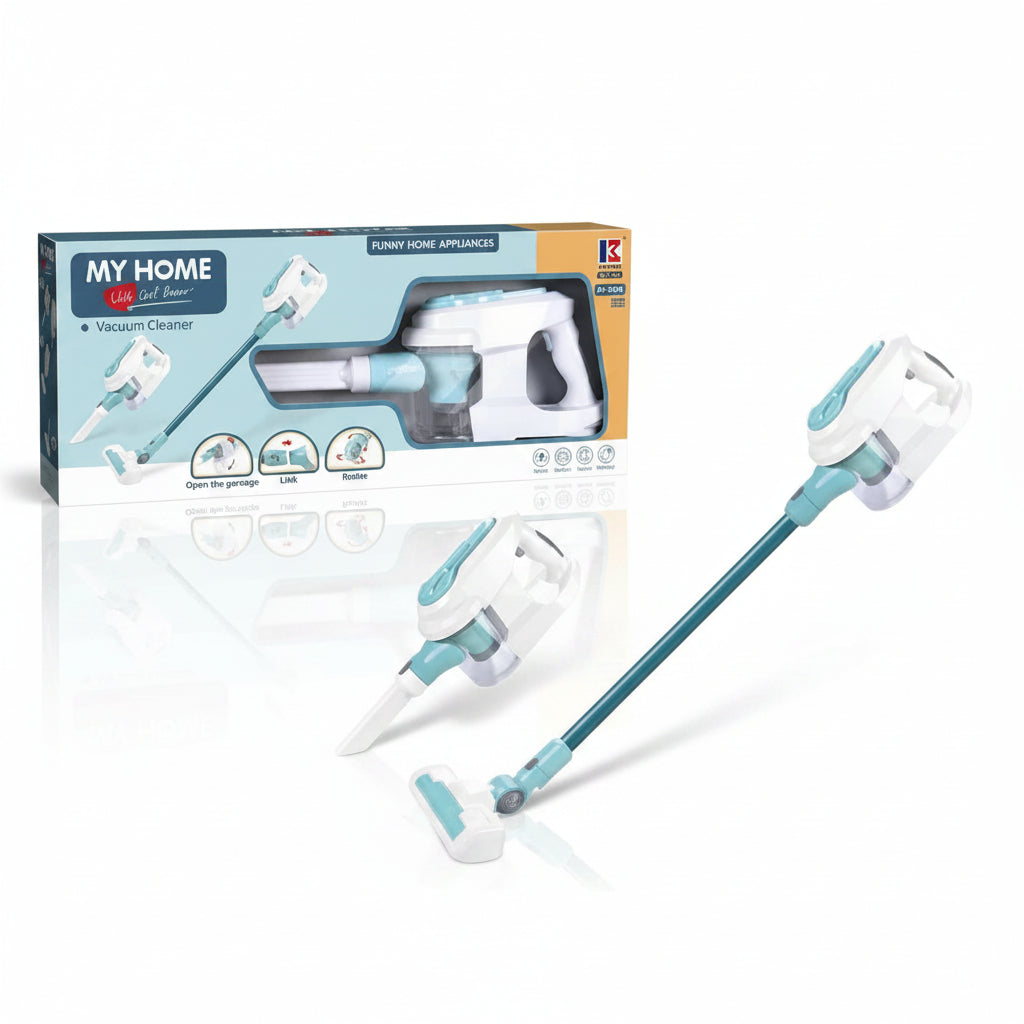Belo-plavi dečiji štapni usisivač igračka sa nastavcima i originalnom kutijom "My Home Vacuum Cleaner" na beloj pozadini.