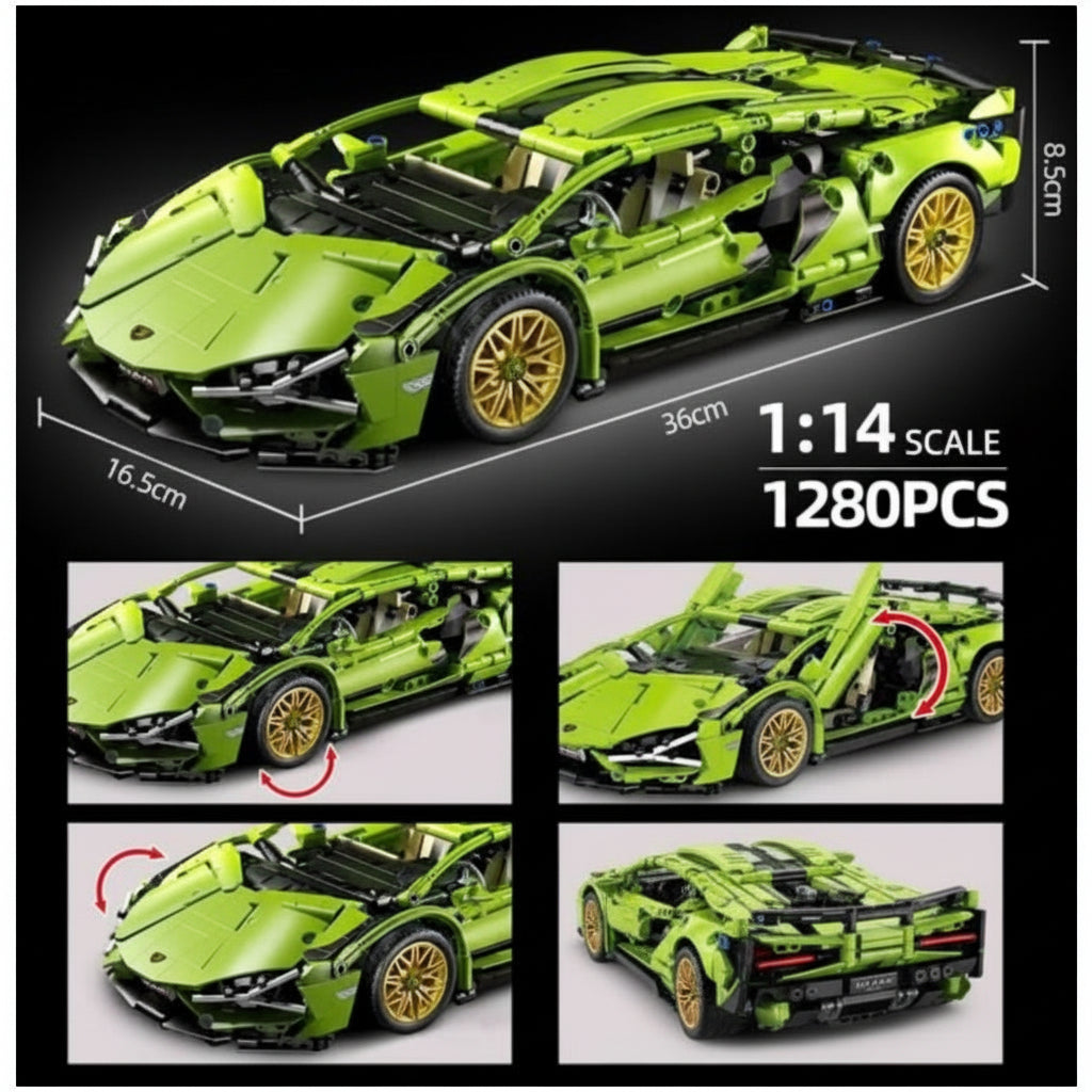 Zeleni sportski automobil Lamborghini od kockica na sklapanje sa prikazanim dimenzijama, brojem delova 1280 i funkcijom otvaranja vrata.