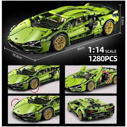 Zeleni sportski automobil Lamborghini od kockica na sklapanje sa prikazanim dimenzijama, brojem delova 1280 i funkcijom otvaranja vrata.