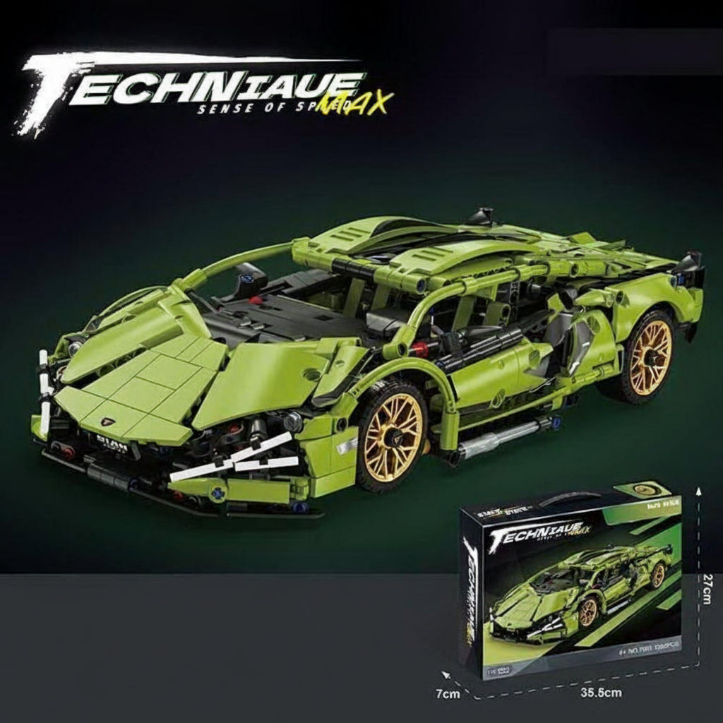 Zeleni sportski automobil Lamborghini od kockica na sklapanje sa prikazanim dimenzijama, brojem delova 1280 i funkcijom otvaranja vrata.