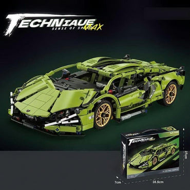 Zeleni sportski automobil Lamborghini od kockica na sklapanje sa prikazanim dimenzijama, brojem delova 1280 i funkcijom otvaranja vrata.