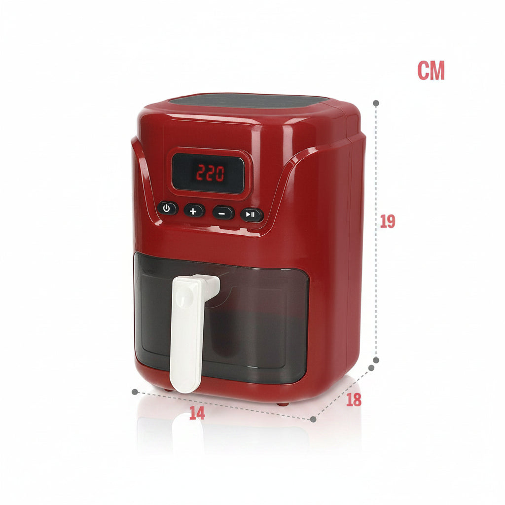 Crveni dečiji air fryer sa digitalnim displejem, i dimenzijama