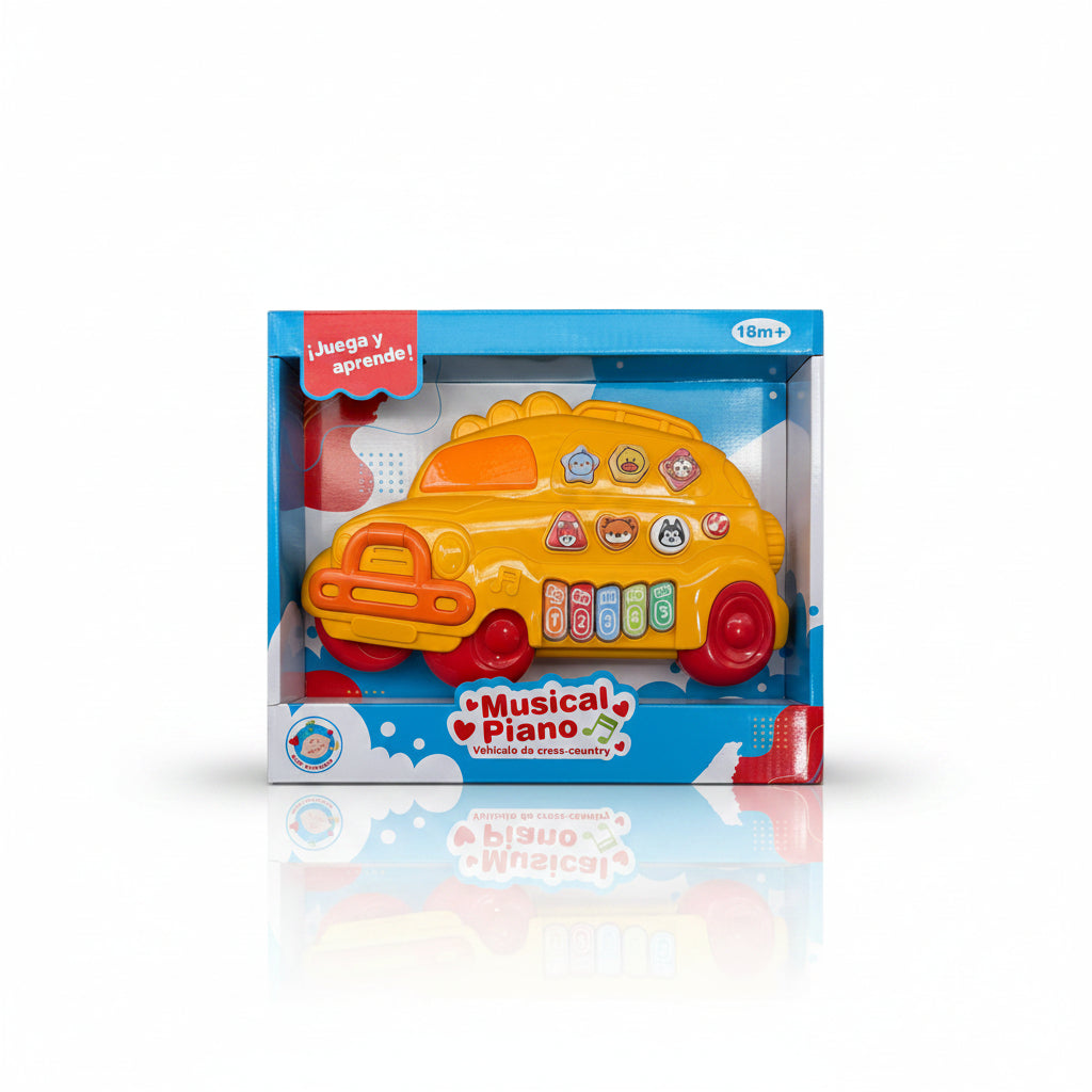 Žuti dečiji muzički klavir autobus sa šarenim dirkama, tasterima u obliku životinja, u originalnom pakovanju "Musical Piano".