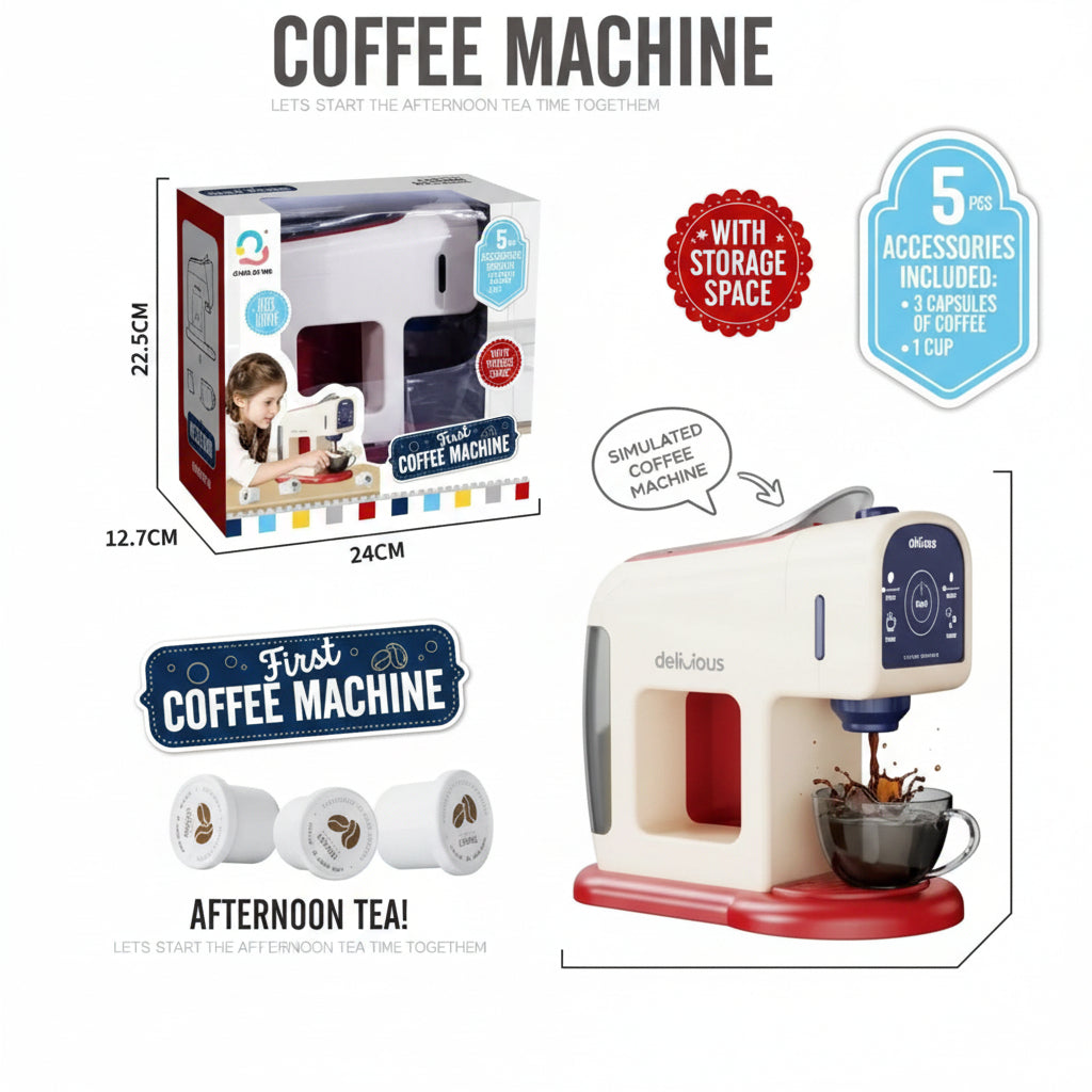 Interaktivni dečiji aparat za espresso kafu na kapsule sa šoljicom, 3 kapsule, prostorom za odlaganje i originalnom kutijom na kojoj su prikazane dimenzije.
