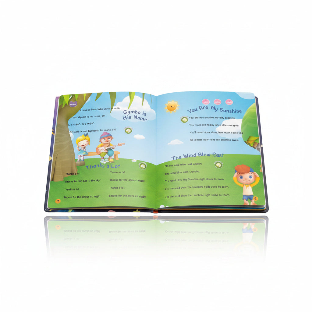 Zatvorena i otvorena dečija interaktivna audio knjiga sa pesmicama na engleskom jeziku Nursery Rhymes pored plišane igračke slona.