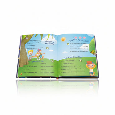 Zatvorena i otvorena dečija interaktivna audio knjiga sa pesmicama na engleskom jeziku Nursery Rhymes pored plišane igračke slona.