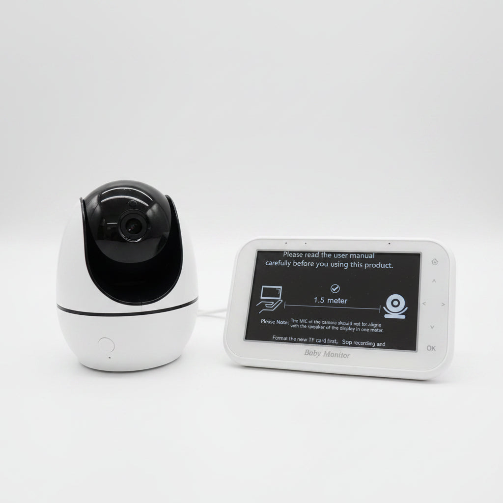 Bela rotirajuća pametna kamera bebi monitor sa crnim gornjim delom za objektiv pored horizontalnog bežičnog kontrolera sa ekranom od 4.3 inča i natpisom Baby Monitor.