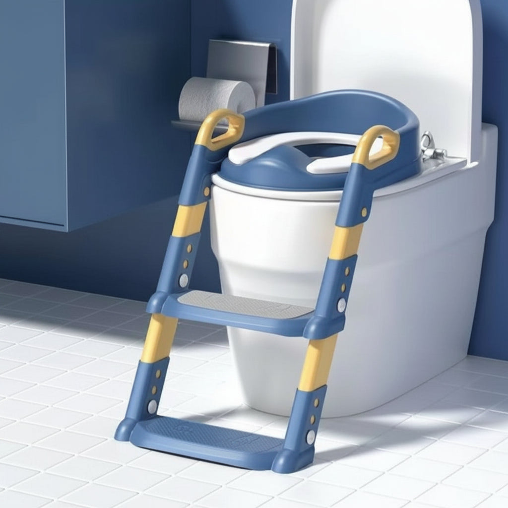 Dečija daska za WC šolju sa stepenicama i rukohvatima, podesiva po visini, postavljena na toalet.