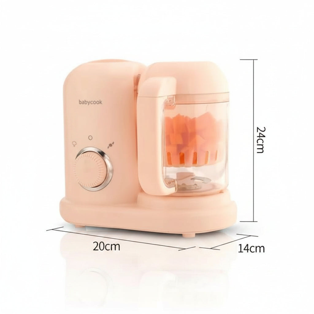 Nežno roze električni bebi blender i parokuvač 4-u-1 sa ugrađenom prostranom posudom za pasiranje i kuvanje kašica na beloj pozadini.