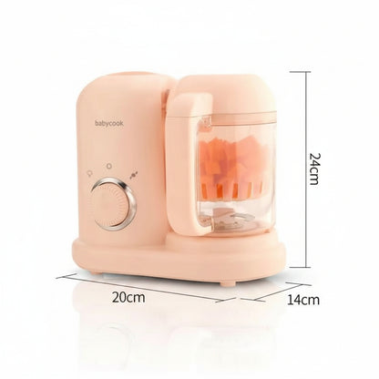 Nežno roze električni bebi blender i parokuvač 4-u-1 sa ugrađenom prostranom posudom za pasiranje i kuvanje kašica na beloj pozadini.