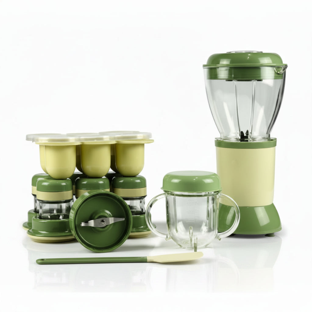 Zeleno-beli multifunkcionalni set sa blenderom za bebe koji sadrži glavnu posudu za blendiranje, manju čašu sa ručkama, špatulu i šest malih posudica sa poklopcima za čuvanje kašica poređanih na postolju.