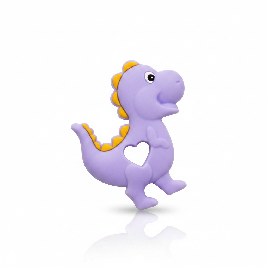 Ljubičasti silikonski dinosaurus za bebe sa reljefnim leđima namenjen za masiranje desni tokom nicanja zubića.