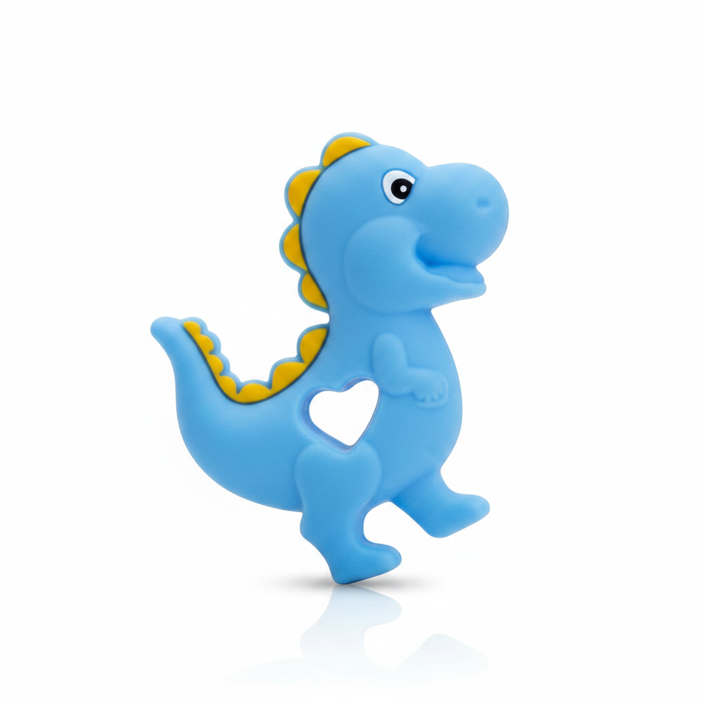 Mekana plava silikonska glodalica u obliku dinosaurusa sa prorezom u obliku srca i narandžastim bodljama, brenda Dr Gym.