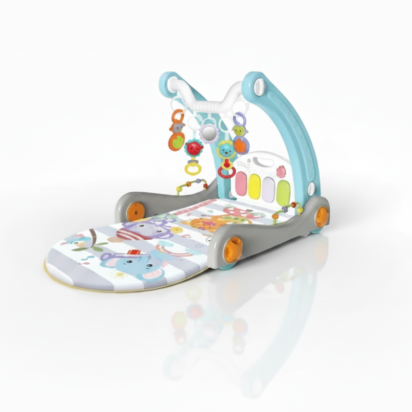 Multifunkcionalni set za bebe 4u1 koji se transformiše u muzičku gimnastiku sa klavirom, podlogu za ležanje, interaktivni stočić i guralicu za prohodavanje.