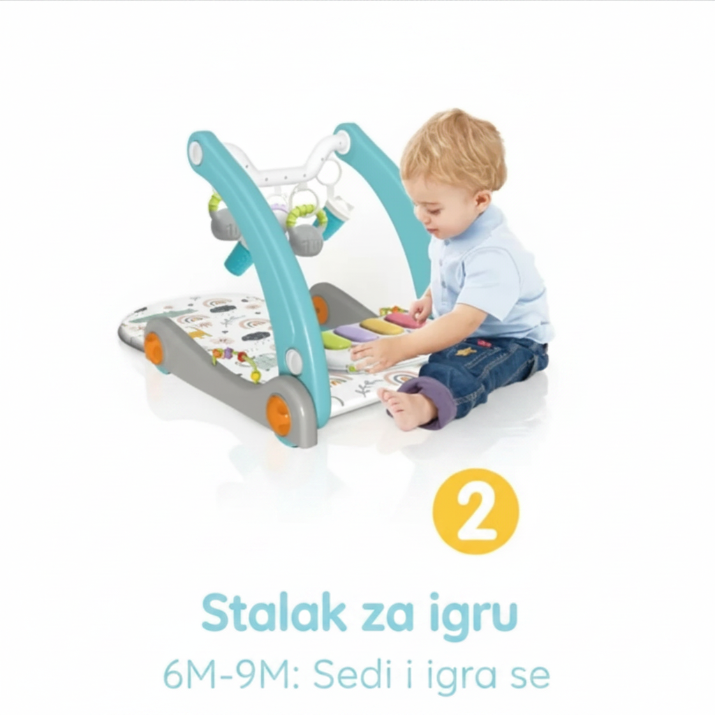 Multifunkcionalni set za bebe 4u1 koji se transformiše u muzičku gimnastiku sa klavirom, podlogu za ležanje, interaktivni stočić i guralicu za prohodavanje.